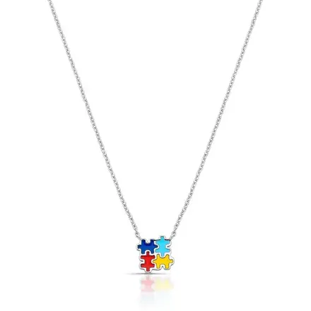 Colar com Pingente Esmaltado de Símbolo Autista Prata Rodinada