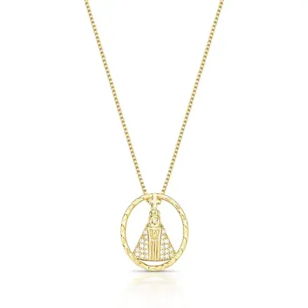 Colar com Pingente Oval Vazado e Nossa Senhora Aparecida