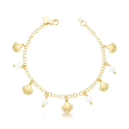 Pulseira com Pêndulos de Concha e Pérolas Banhada a Ouro