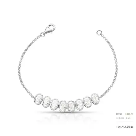 Pulseira em Pedras Moissanites 6x4mm Prata Rodinada