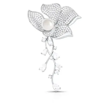 Broche de Flor em Zircônias Cristal e Pérola Água Doce