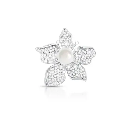 Broche Curvo de Flor com Pérola e Zircônias