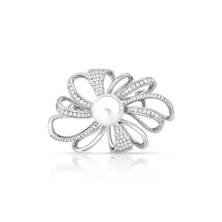 Broche de Flor com Pérola Shell Curvo Vazado Banhado a Ródio
