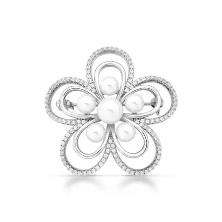 Broche de Flor com Zircônia e Pérola Shell Banhado a Ródio