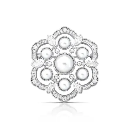 Broche de Flor com Cristal Navete e Pérola Shell Banhado a Ródio