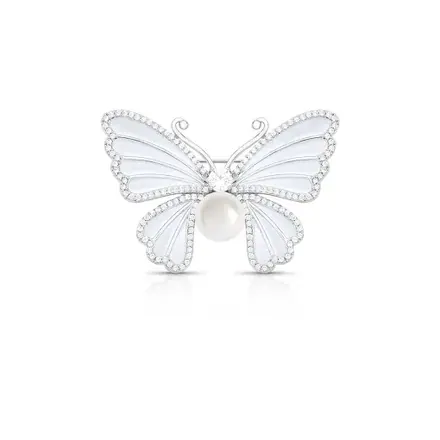 Broche de Borboleta Esmaltado com Cristal e Pérola Shell