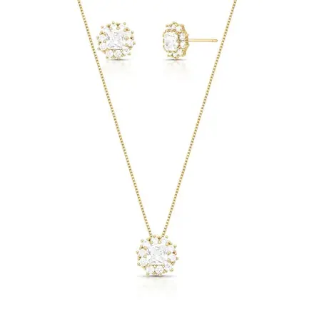 Conjunto Brinco e Colar com Zircônias Redondas e Quadrada