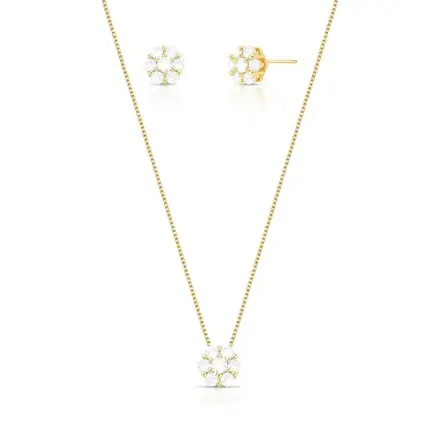 Conjunto Brinco e Colar de Flor em Cristais Redondos