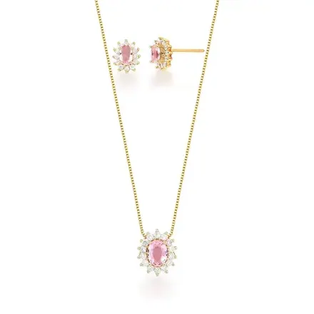 Conjunto Brinco e Colar com Pingente Oval em Cristal e Zircônias