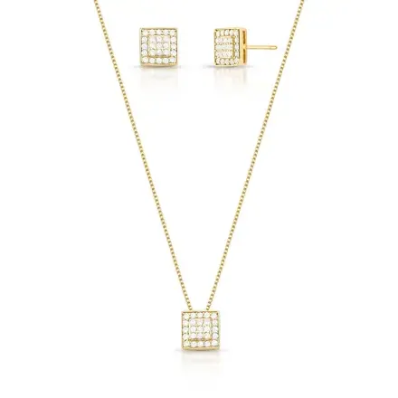 Conjunto Brinco e Colar com Pingente Quadrado em Zircônias