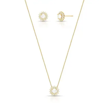 Conjunto Brinco e Colar de Flor com Cristal Redondo e Zircônias