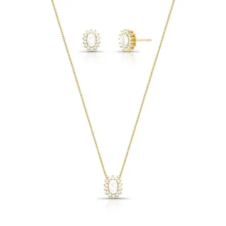 Conjunto Brinco e Colar com Cristal Oval e Zircônias