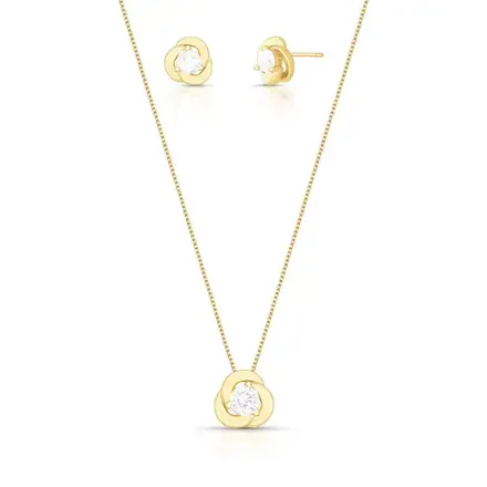 Conjunto Brinco e Colar de Flor com Cristal Redondo