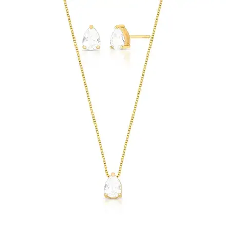 Conjunto Brinco e Colar com Pingente de Gota em Cristal