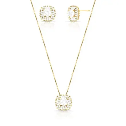 Conjunto Brinco e Colar Quadrado com Cristal e Zircônias