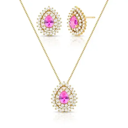 Conjunto de Brinco e Colar de Gota com Cristal e Zircônias