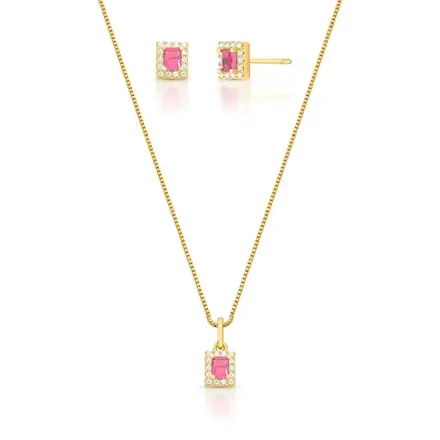 Conjunto Brinco e Colar Retangulares com Cristal e Zircônias
