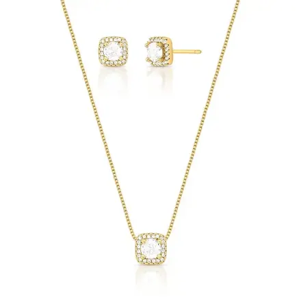 Conjunto de Brinco e Colar com Pingente Quadrado e Cristal