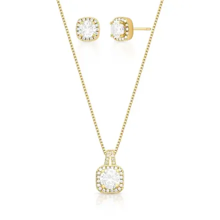 Conjunto Brinco e Colar Quadrado com Cristal Redondo e Zircônias