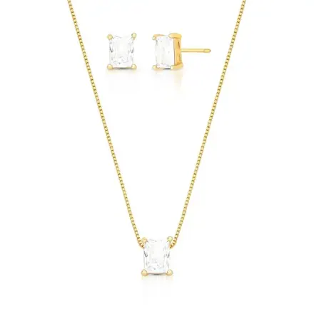Conjunto Brinco e Colar com Cristal Retangular