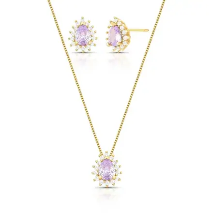 Conjunto Brinco e Colar com Cristal de Gota e Zircônias