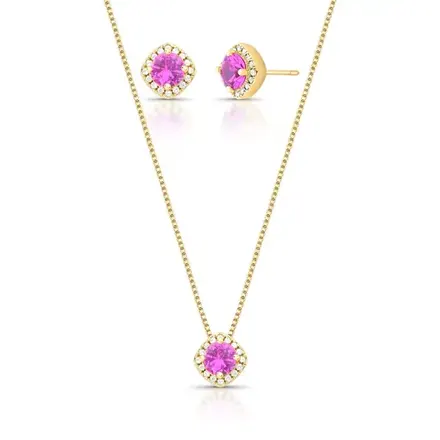 Conjunto Brinco e Colar Pingente Quadrado em Cristal e Zircônias