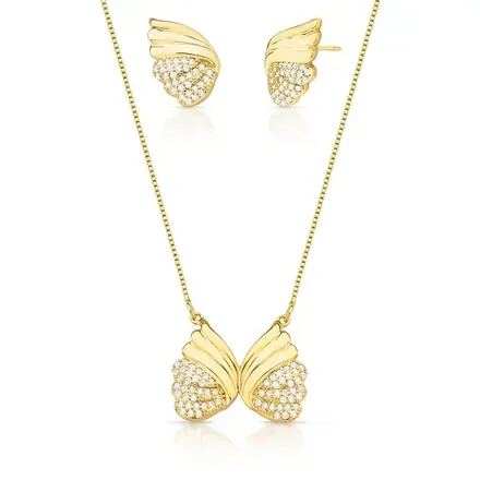 Conjunto Brinco e Corrente com Pingente Asa Banhada a Ouro