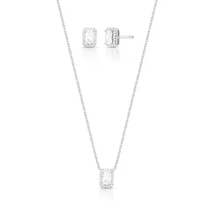 Conjunto Brinco e Colar com Cristal Retangular Prata Rodinada