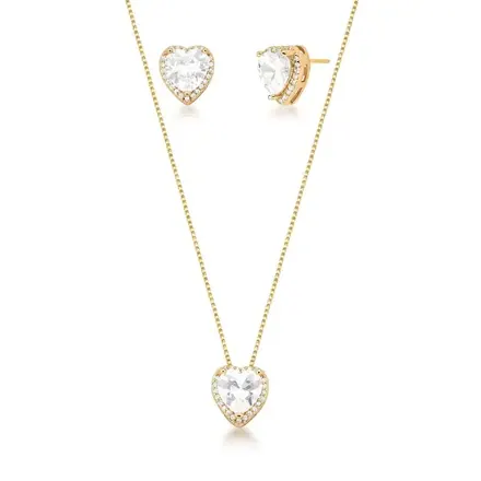 Conjunto Colar e Brinco de Coração com Cristal e Zircônias