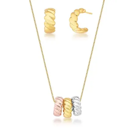 Conjunto Colar e Meia Argola Texturizado em Tons Acetinado