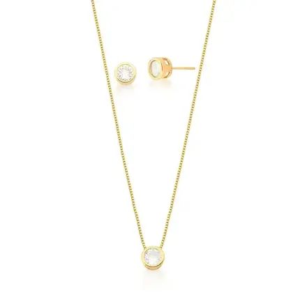 Conjunto Brinco e Corrente com Pingente Redondo Banhado a Ouro