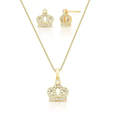 Conjunto Brinco e Colar de Coroa com Cristal Redondo e Zircônias