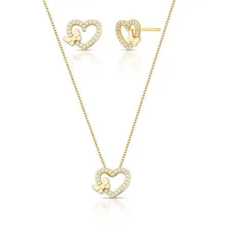 Conjunto Brinco e Colar de Coração com Laço e Zircônias