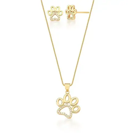 Conjunto Brinco e Corrente com Pingente Pata Banhado a Ouro