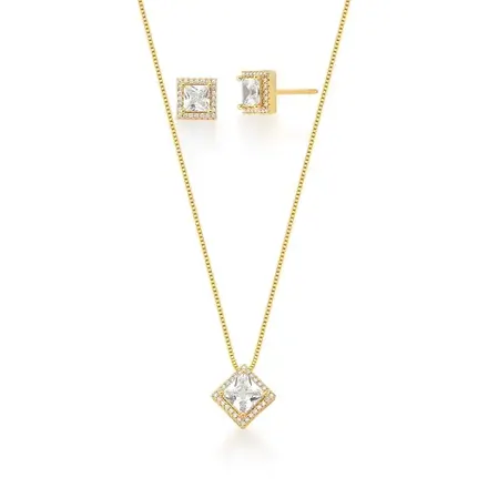 Conjunto Brinco e Corrente com Pingente Banhado a Ouro