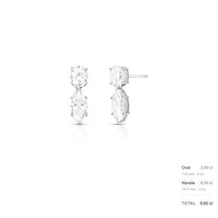 Brinco Pêndulo com Pedras Moissanites 7x14mm Prata Rodinada