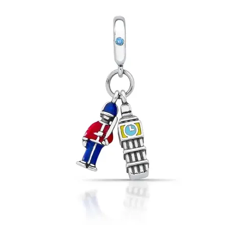 Berloque de Londres Big Ben e Guarda Esmaltado Prata Envelhecida