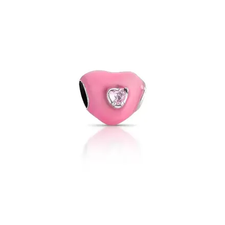 Berloque de Coração Esmaltado com Cristal em Prata Envelhecida