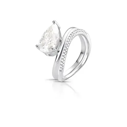Anel Duplo Pedra Moissanite 12x8mm Prata Rodinada